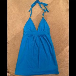 Blue halter dress with gold ring accent
